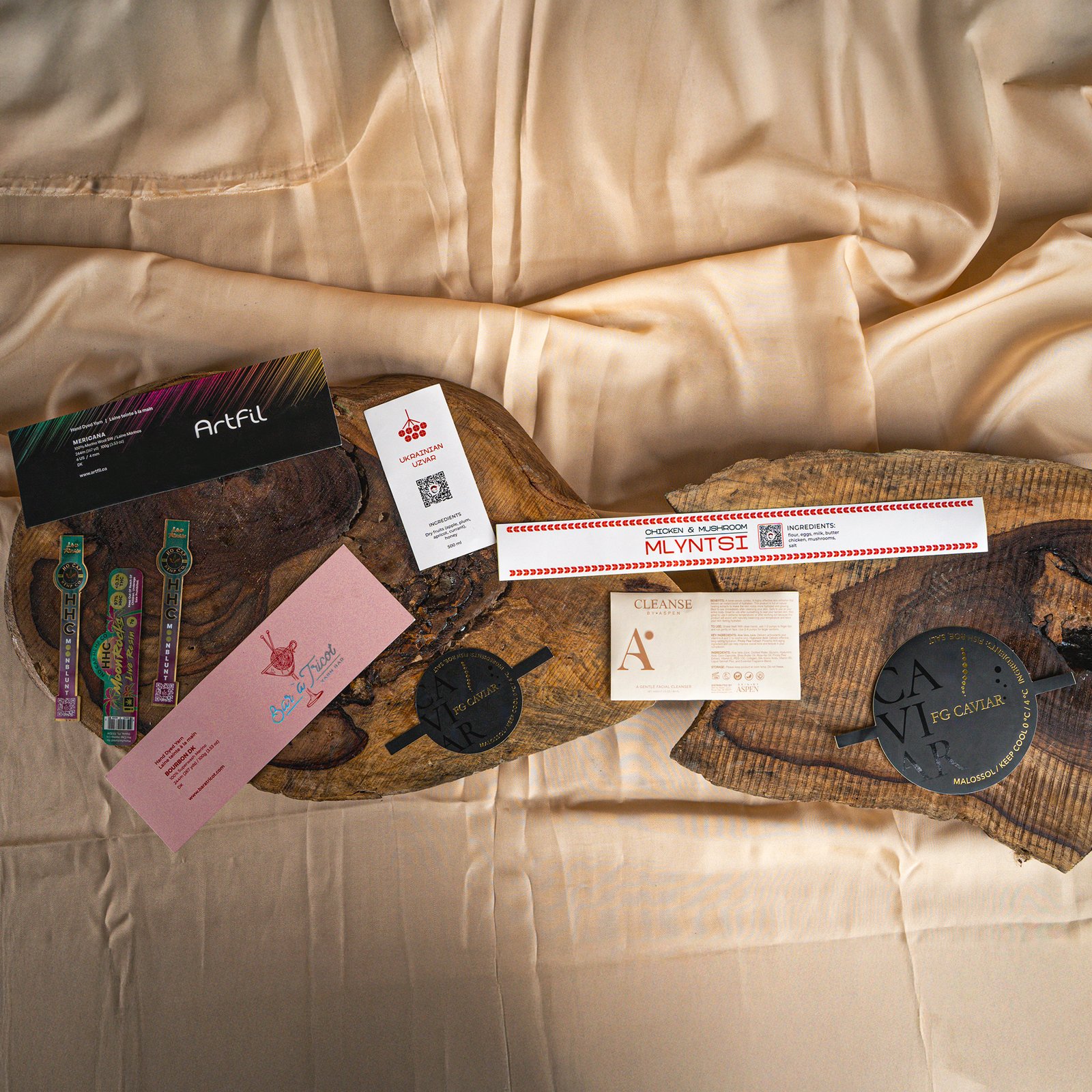 Custom labels and stickers in unique shapes and attractive colors with branding elements printed on top